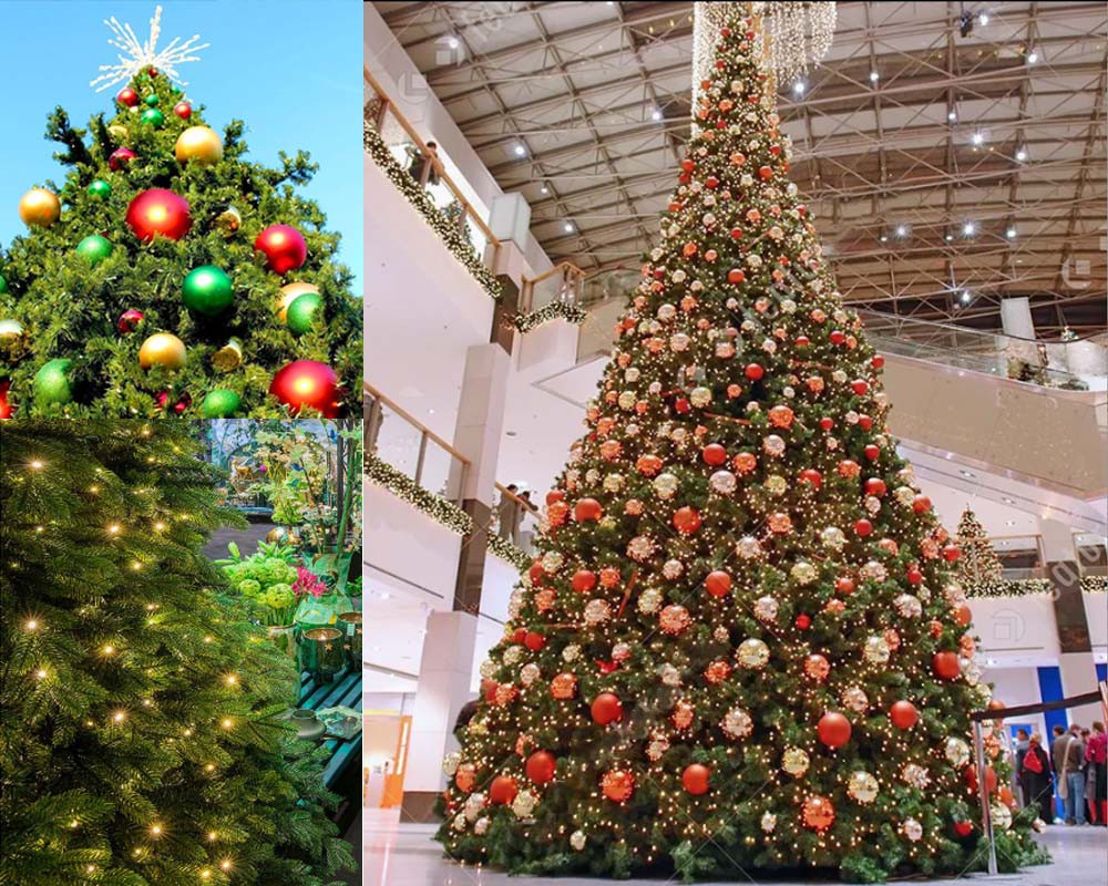 Giant Tower Christmas Trees with Hanging Ornaments